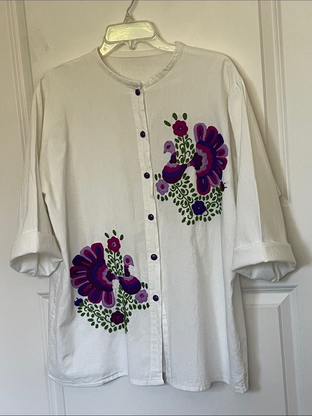 Vintage Hand Embroidered Turkey Shirt Large  Button Up Artsy